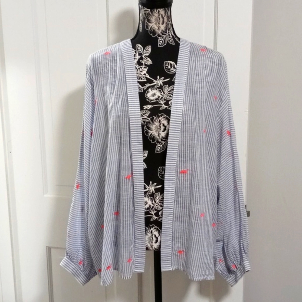 🦩Crown & Ivy🦩 - Blue/White Stripe Embroidered Flamingo Kimono Style Top - Picture 2 of 14